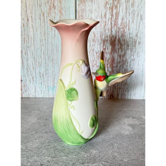 Vintage Enesco Ceramic Vase With Hummingbird & Morning Glory Flowers 6.25" - Picture 6 of 8